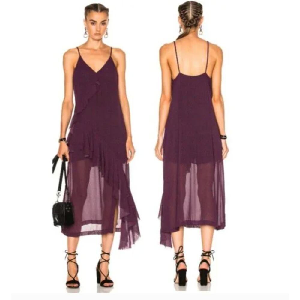 Iro Granby Sleeveless V-Neck Ruffle Trim Midi Dress Burgundy Navy‎ Size 40 US 8